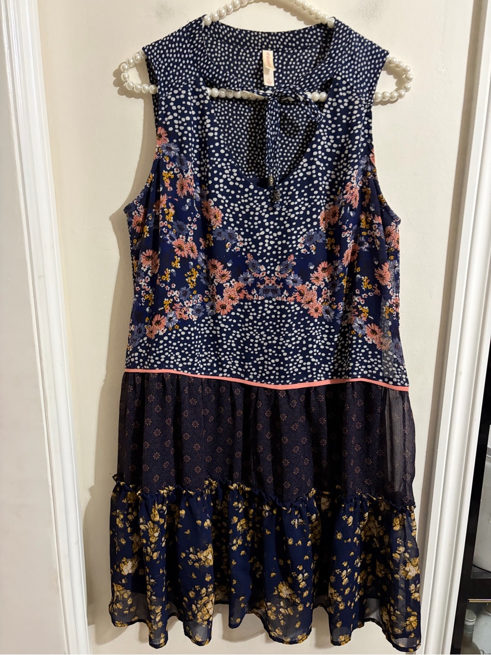 Xhilaration Navy Floral & Dot Tiered Dress with Pink Trim